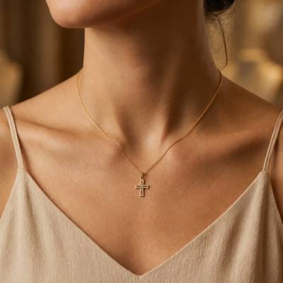9K Yellow Gold & Diamond Open-Work Cross Pendant 0.12 ct HSI - Lumiosa