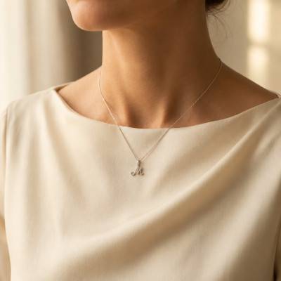 375/1000 White Gold & Diamond Letter M Pendant 0,08 ct HSI - Emanessence