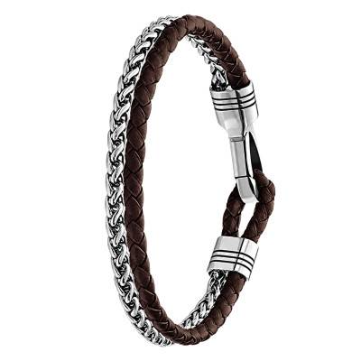 Bracelet Jaxon en Acier & Cuir Marron et Gris, Longueur 21 cm - 1580892M - Boss