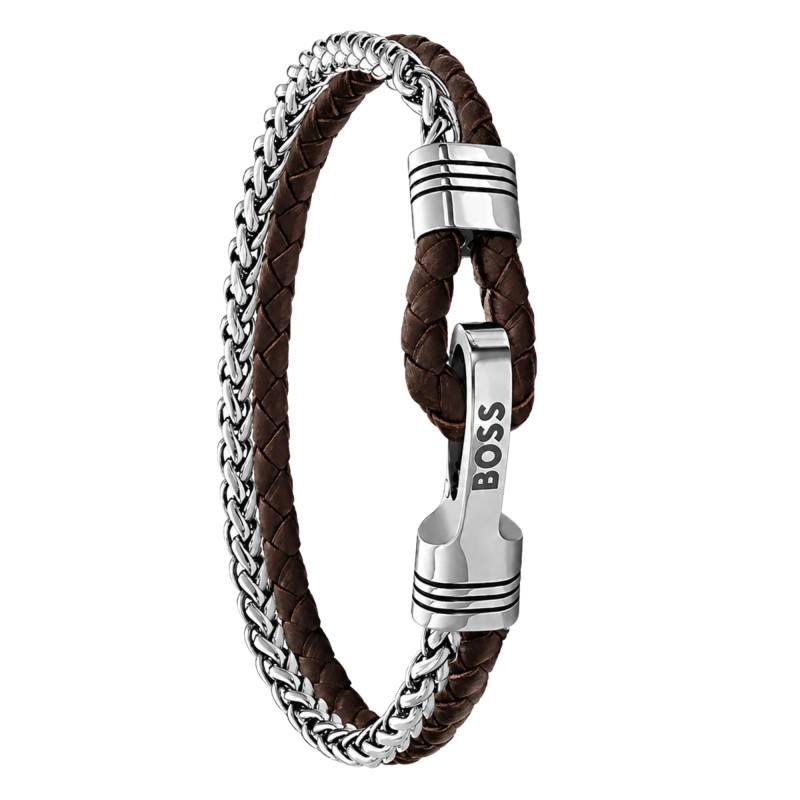 Brown & Gray Leather and Steel Jaxon Bracelet, 21 cm - 1580892M - Boss