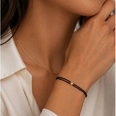 Black Cord Bracelet in 750/1000 Yellow Gold & Diamond - Emanessence