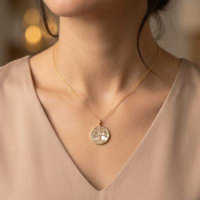 Médaille Arbre de Vie en 2 Ors 750 & Nacre Blanche, Diamètre 17 mm - Lumiosa