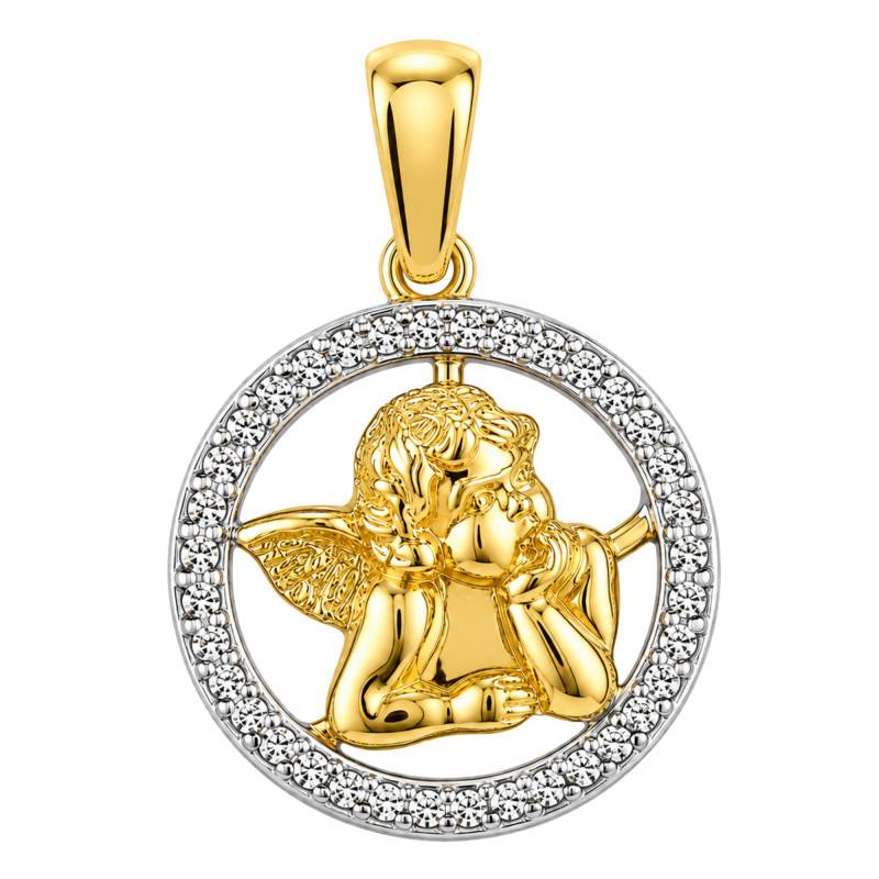 375 Two-Tone Gold Thoughtful Angel Pendant with Zirconium Oxides, 12 mm Diameter - Bambins