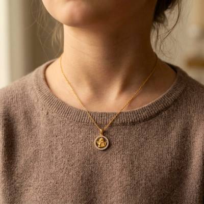 375 Two-Tone Gold Thoughtful Angel Pendant with Zirconium Oxides, 12 mm Diameter - Bambins