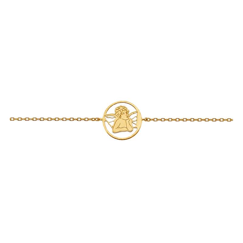 375 Yellow Gold & Mother-of-Pearl Angel Medal Bracelet, Adjustable Length 16 cm to 18 cm - Emanessence