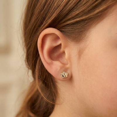 Boucles d'Oreilles Couronnes Nacrées en Or Jaune 375 & Oxydes de Zirconium - Bambins