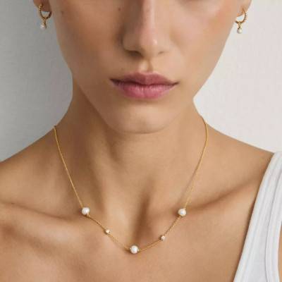Gold-Tone Metal, Pearls & Zirconium Oxides Classic Pearls Necklace, Length 40 cm to 45 cm - KE2120-M01-14 - Thomas Sabo