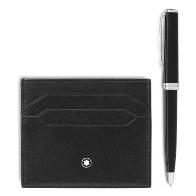 Black PIX Ballpoint Pen and Meisterstück 6CC Leather Card Holder Gift Set - Montblanc