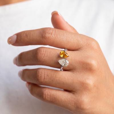 Bague Toi et Moi Citrine & Diamant de Synthèse 1,00 ct en Or Blanc 375 - Aurora