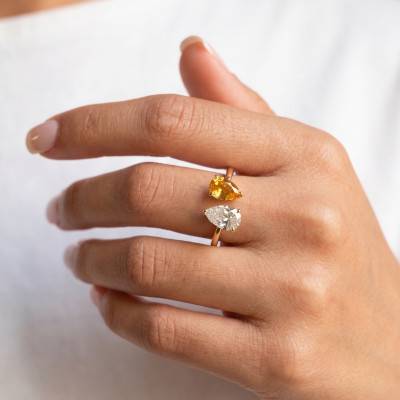 Bague Toi et Moi Citrine & Diamant de Synthèse 1,00 ct en Or Jaune 375 - Aurora