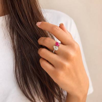 Bague Toi et Moi Rubis & Diamant de Synthèse 1,00 ct en Or Blanc 375 - Aurora