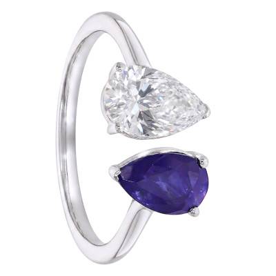 Bague Toi et Moi Saphir & Diamant de Synthèse 1,00 ct en Or Blanc 375 - Aurora