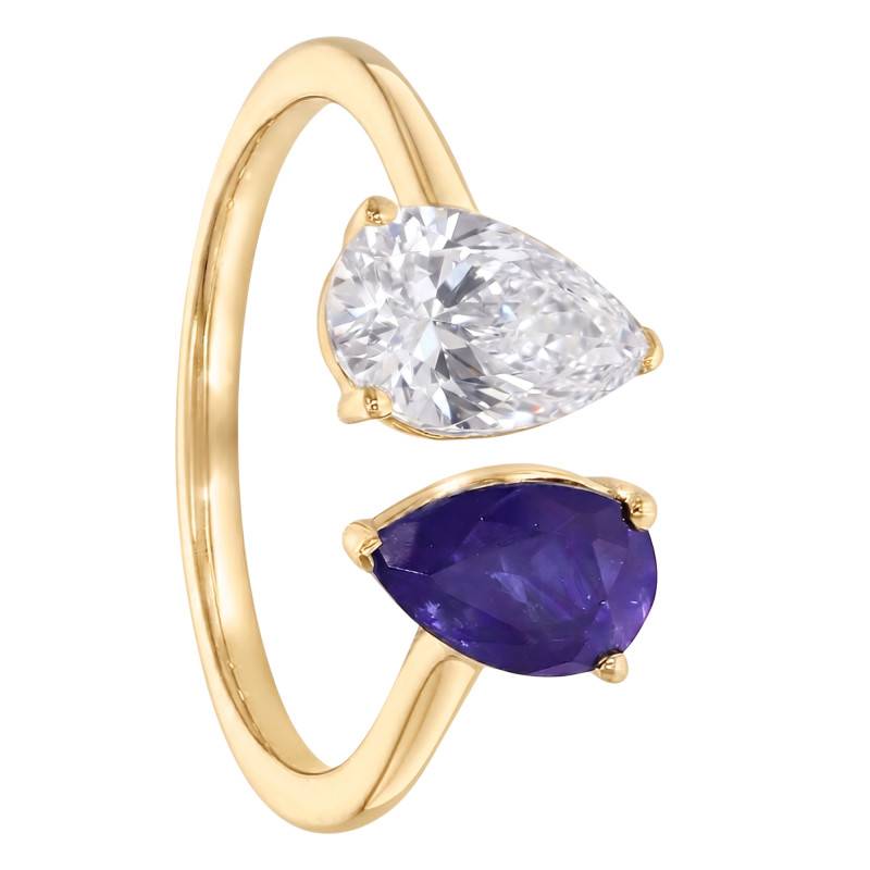 Bague Toi et Moi Saphir & Diamant de Synthèse 1,00 ct en Or Jaune 375 - Aurora