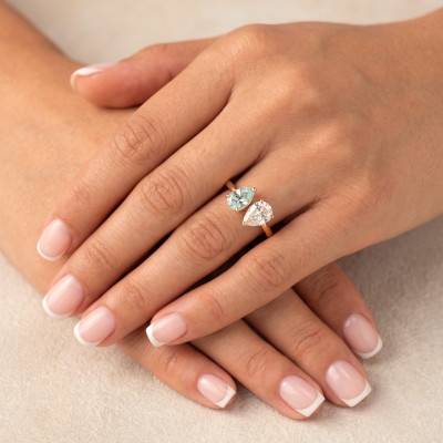 Bague Toi et Moi Aigue-Marine & Diamant de Synthèse 1,00 ct en Or Jaune 375 - Aurora