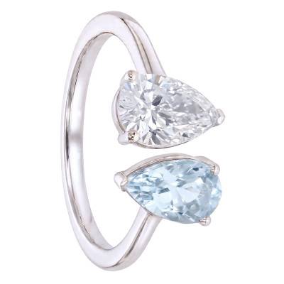 Bague Toi et Moi Aigue-Marine & Diamant de Synthèse 1,00 ct en Or Blanc 375 - Aurora
