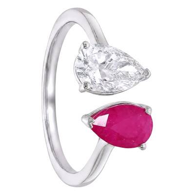 Bague Toi et Moi Rubis & Diamant de Synthèse 1,00 ct en Or Blanc 375 - Aurora
