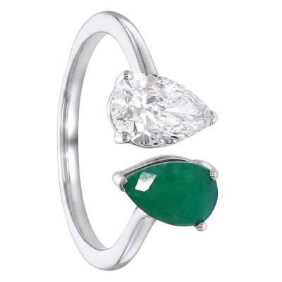 Bague Toi et Moi Emeraude & Diamant de Synthèse 1,00 ct en Or Blanc 375 - Aurora