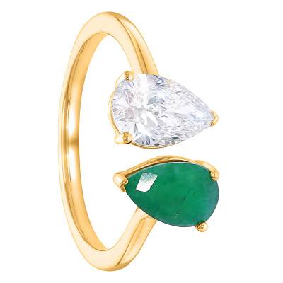Bague Toi et Moi Emeraude & Diamant de Synthèse 1,00 ct en Or Jaune 375 - Aurora