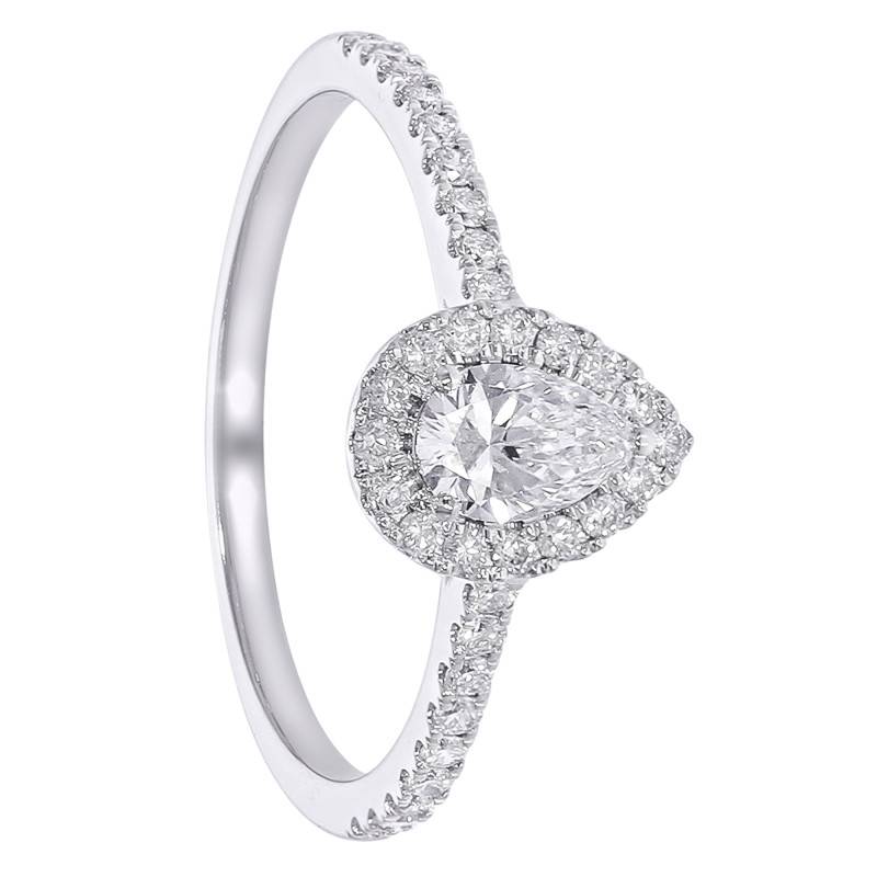 Bague Solitaire Poire Accompagné en Or Blanc 375 et Diamants de Synthèse 0,55 ct - Amore