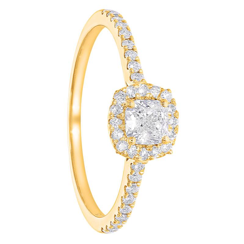 Bague Solitaire Coussin Accompagné en Or Jaune 375 et Diamants de Synthèse 0,53 ct - Amore