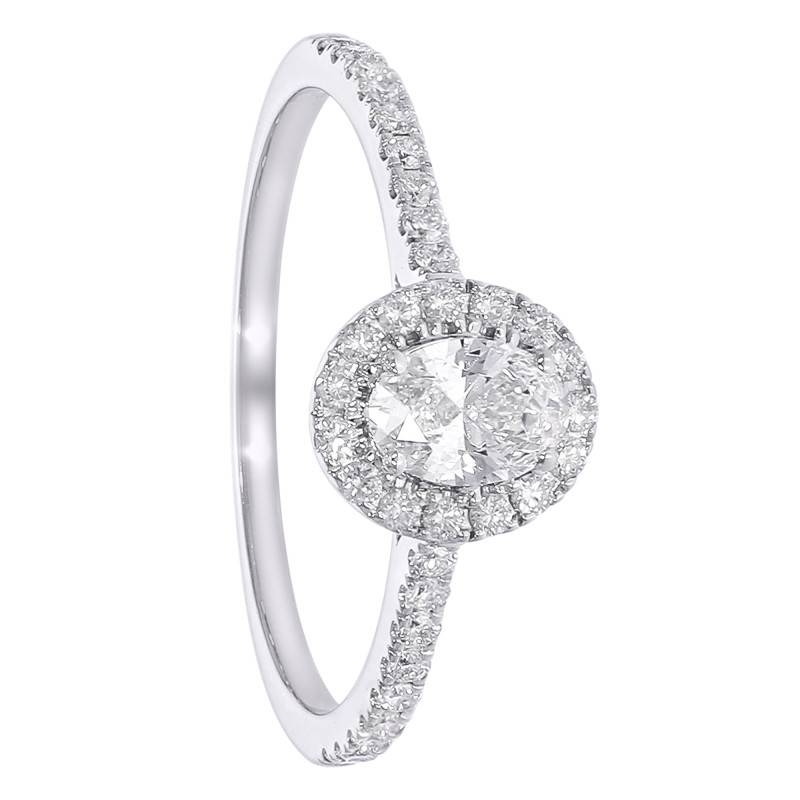 Bague Solitaire Ovale Accompagné en Or Blanc 375 et Diamants de Synthèse 0,54 ct - Amore