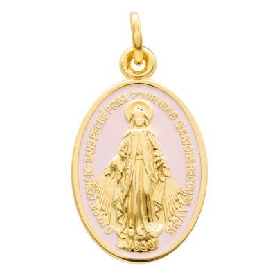Médaille Miraculeuse Vierge Marie en Or Jaune 375 & Émail Rose Clair - Lumiosa