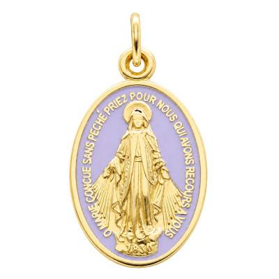 Médaille Miraculeuse Vierge Marie en Or Jaune 375 & Émail Violet - Lumiosa