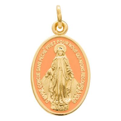 Médaille Miraculeuse Vierge Marie en Or Jaune 375 & Émail Orange - Lumiosa