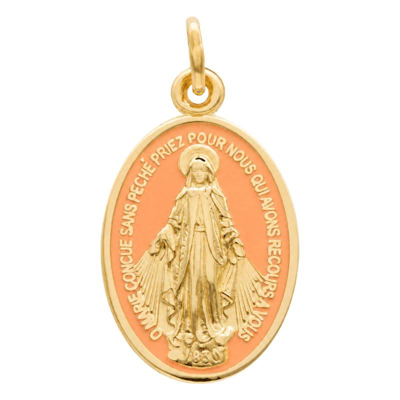 Médaille Miraculeuse Vierge Marie en Or Jaune 375 & Émail Orange - Lumiosa