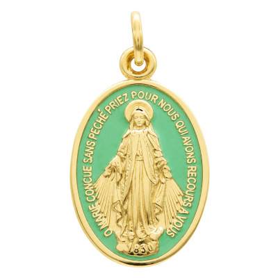 Médaille Miraculeuse Vierge Marie en Or Jaune 750 & Émail Vert - Lumiosa