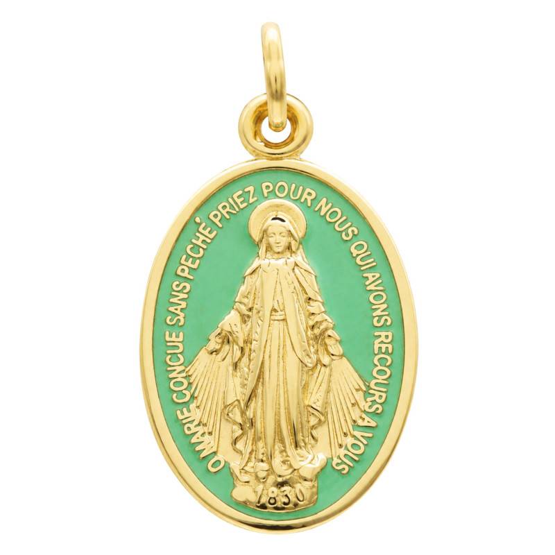 750/1000 Yellow Gold & Green Enamel Miraculous Medal Virgin Mary - Lumiosa