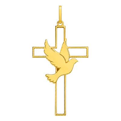 375 or 750 Yellow Gold Openwork Cross & Dove Pendant, 26 mm - Lumiosa
