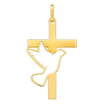 375 or 750 Yellow Gold Openwork Cross & Dove Pendant, 26 mm - Lumiosa