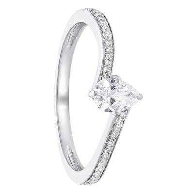 Bague Solitaire Poire Accompagné Croisée en Or Blanc 750 & Diamants de Synthèse 0,44 ct - Amore