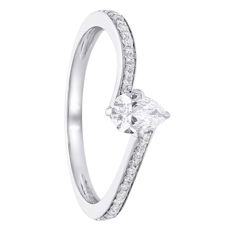 Bague Solitaire Poire Accompagné Croisée en Or Blanc 750 & Diamants de Synthèse 0,44 ct - Amore