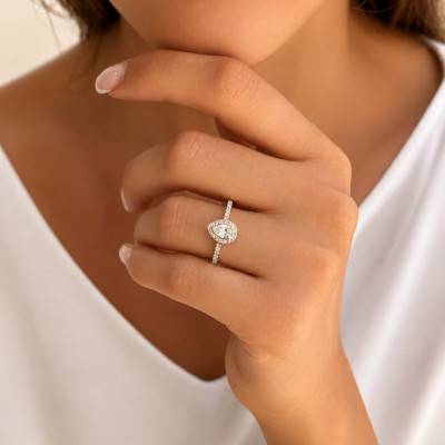 375 White Gold Accompanied Pear Solitaire Ring Lab-Grown Diamonds 0.55 ct - Amore