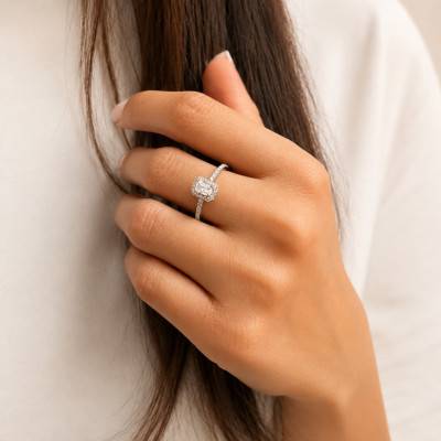 White Gold 375 Radiant Halo Solitaire Ring with Lab-Grown Diamonds 0.54 ct - Amore
