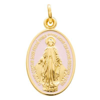Médaille Miraculeuse Vierge Marie en Or Jaune 750 & Émail Rose Clair - Lumiosa