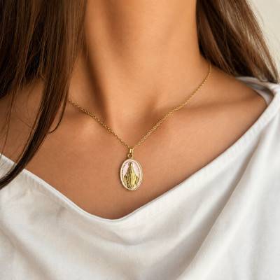 Médaille Miraculeuse Vierge Marie en Or Jaune 750 & Émail Rose Clair - Lumiosa