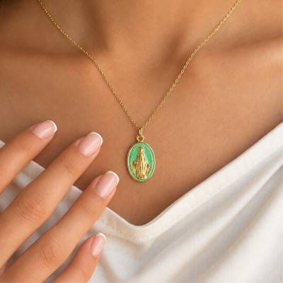 Médaille Miraculeuse Vierge Marie en Or Jaune 750 & Émail Vert - Lumiosa