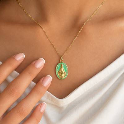 Médaille Miraculeuse Vierge Marie en Or Jaune 375 & Émail Vert - Lumiosa