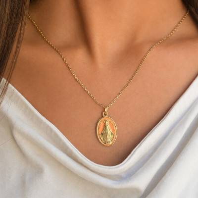 Médaille Miraculeuse Vierge Marie en Or Jaune 375 & Émail Orange - Lumiosa