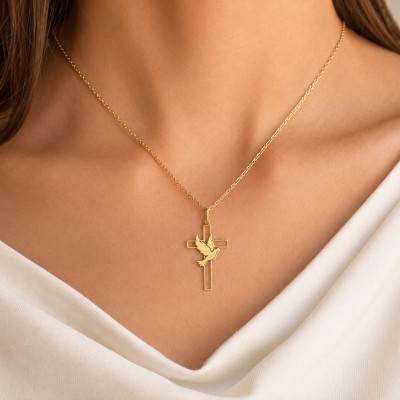 Pendentif Croix Ajourée & Colombe en Or Jaune 375 ou 750, 26 mm - Lumiosa