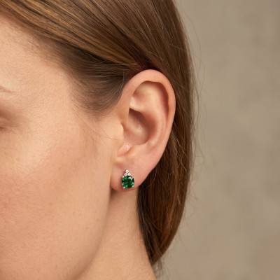 Boucles d'Oreilles en Or Blanc 750 & Emeraude de Synthèse et Diamants de Synthèse 2 x 0,05 ct - Aurora