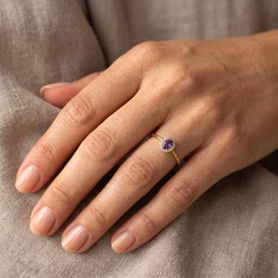 Solitaire Accompagné Améthyste & 17 Diamants de Synthèse 0,12 ct en 2 Ors 750 - Aurora