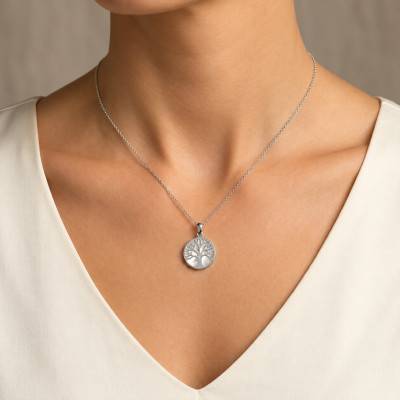 White Gold & Mother-of-Pearl Tree of Life Medal, 20 mm Diameter - Lumiosa