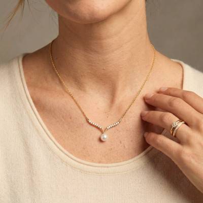 Collier Perle & Diamants de Synthèse 0,23 ct en Or Jaune 750, Longueur 42 cm Ajustable - Emanessence