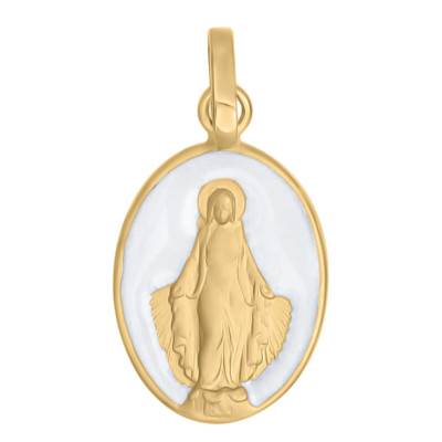 750 Yellow Gold and White Lacquer Miraculous Virgin Medal, 10x7mm - Lumiosa