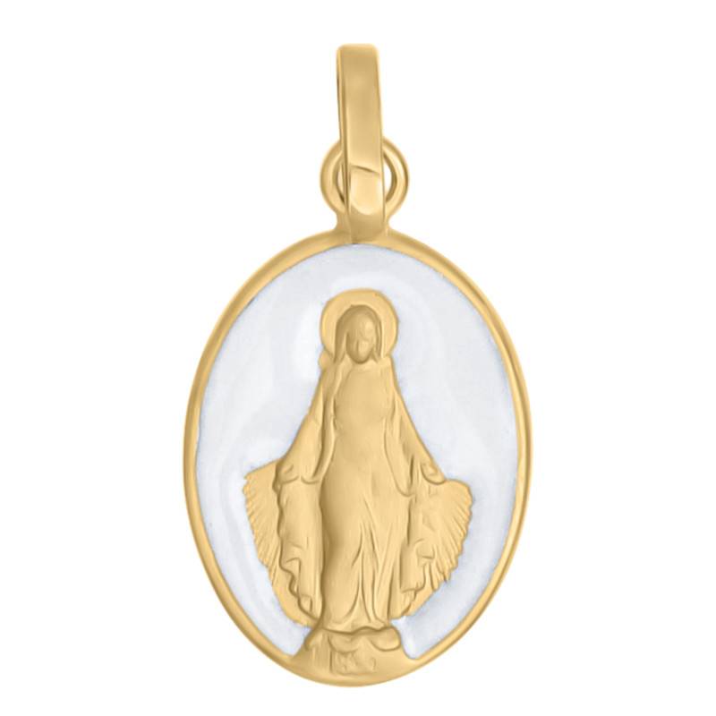 Médaille Vierge Miraculeuse en Or Jaune 750 & Laque Blanche, Dimensions 10x7mm - Lumiosa