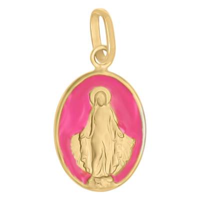 Médaille Vierge Miraculeuse en Or Jaune 750 & Laque Rose, Dimensions 10x7mm - Lumiosa